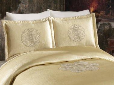 Albeno Embroidered Velvet Double Bedspread Cappucino - Thumbnail