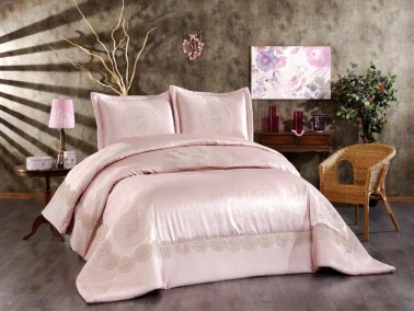 Albeno Embroidered Velvet Double Bedspread Powder - Thumbnail