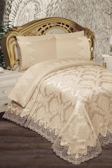 Alev King Size Bedspread Set 6pcs, Coverlet 230x240, Bedsheet 230x240, Double Bed, Brocade Fabric Beige