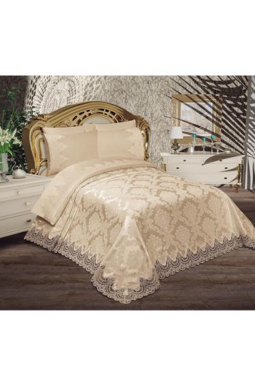 Alev King Size Bedspread Set 6pcs, Coverlet 230x240, Bedsheet 230x240, Double Bed, Brocade Fabric Beige