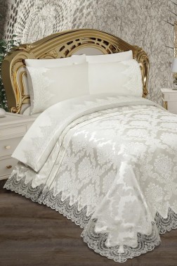Alev King Size Bedspread Set 6pcs, Coverlet 230x240, Bedsheet 230x240, Double Bed, Brocade Fabric Cream - Thumbnail