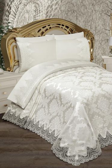 Alev King Size Bedspread Set 6pcs, Coverlet 230x240, Bedsheet 230x240, Double Bed, Brocade Fabric Cream