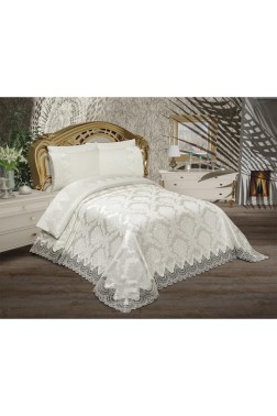 Alev King Size Bedspread Set 6pcs, Coverlet 230x240, Bedsheet 230x240, Double Bed, Brocade Fabric Cream - Thumbnail