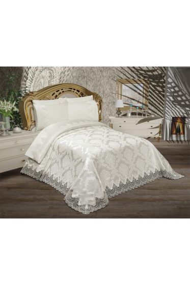 Alev King Size Bedspread Set 6pcs, Coverlet 230x240, Bedsheet 230x240, Double Bed, Brocade Fabric Cream