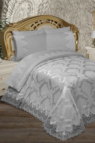 Alev King Size Bedspread Set 6pcs, Coverlet 230x240, Bedsheet 230x240, Double Bed, Brocade Fabric Gray