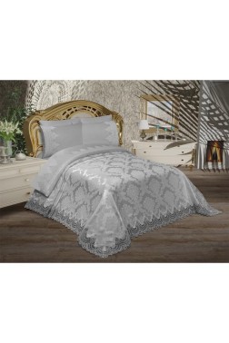 Alev King Size Bedspread Set 6pcs, Coverlet 230x240, Bedsheet 230x240, Double Bed, Brocade Fabric Gray - Thumbnail