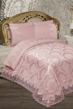 Alev King Size Bedspread Set 6pcs, Coverlet 230x240, Bedsheet 230x240, Double Bed, Brocade Fabric Pink - Thumbnail