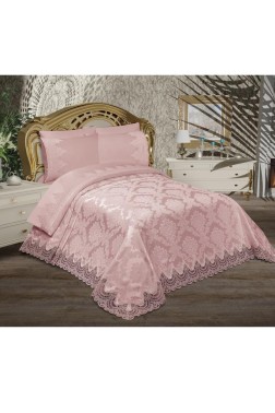 Alev King Size Bedspread Set 6pcs, Coverlet 230x240, Bedsheet 230x240, Double Bed, Brocade Fabric Pink - Thumbnail