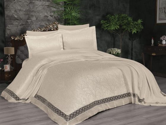 Alice Chenille Bedding Set 6 pcs, Coverlet 265x265, Sheet, Double Size Cappucino