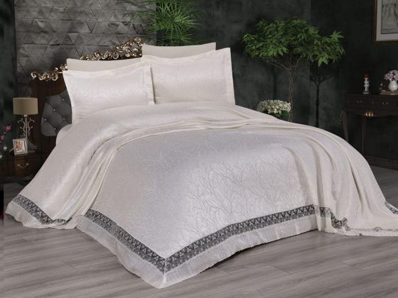 Alice Chenille Bedding Set 6 pcs, Coverlet 265x265, Sheet, Double Size Cream