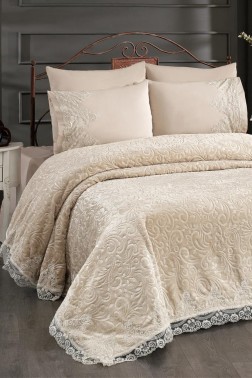 Alina Blanket Set, Blanket 235x245, Sheet 220x240, Double Size, Full Bed Beige - Thumbnail