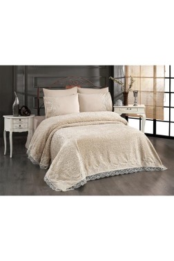 Alina Blanket Set, Blanket 235x245, Sheet 220x240, Double Size, Full Bed Beige - Thumbnail