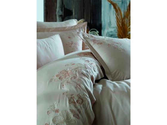 Alisse Embroidered Cotton Satin Duvet Cover Set Cappucino