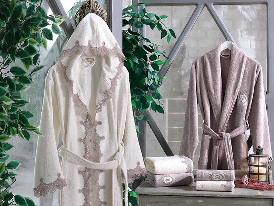  Almira Laced Hooded Bamboo Bathrobe Set Cream FireBrick - Thumbnail