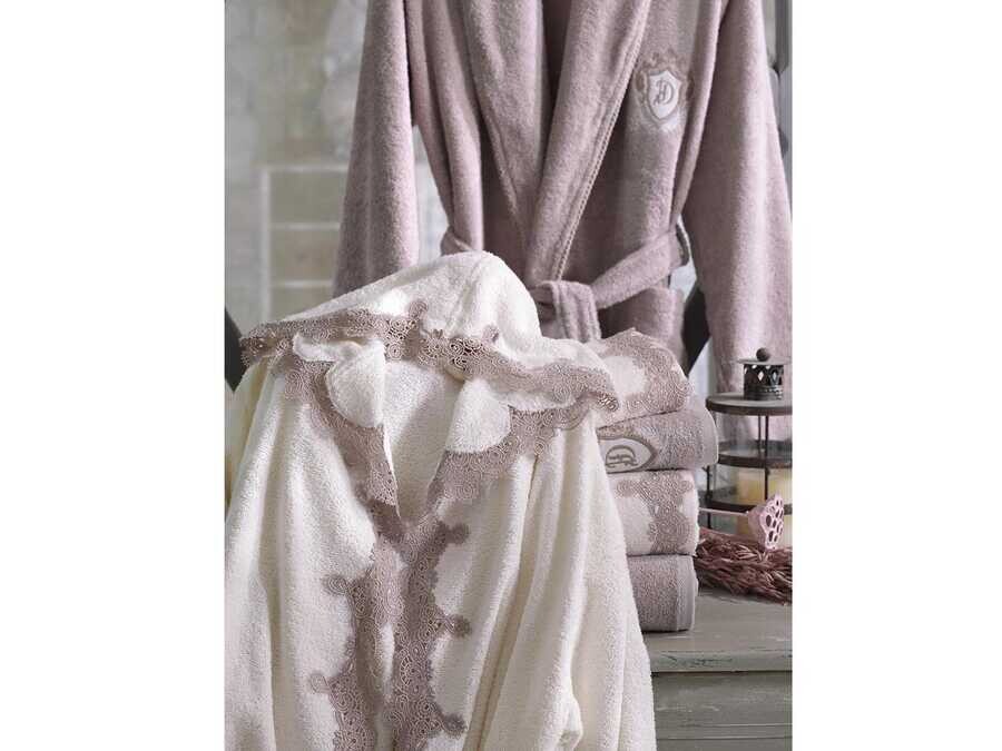  Almira Laced Hooded Bamboo Bathrobe Set Cream FireBrick - Thumbnail