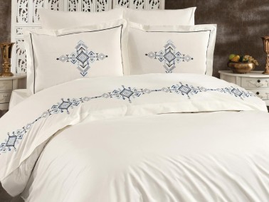 Alya Embroidered Full Size Duvet Cover Set, Duvet Cover 200x220, Sheet 240x260, Cream - Blue - Thumbnail