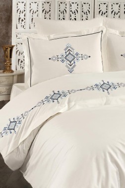 Alya Embroidered Full Size Duvet Cover Set, Duvet Cover 200x220, Sheet 240x260, Cream - Blue - Thumbnail