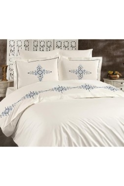 Alya Embroidered Full Size Duvet Cover Set, Duvet Cover 200x220, Sheet 240x260, Cream - Blue - Thumbnail