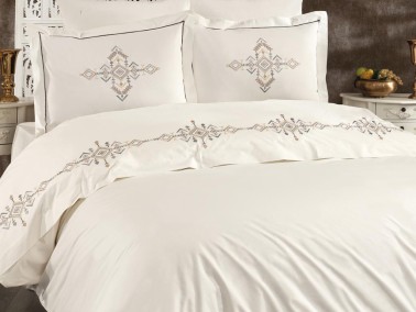 Alya Embroidered Full Size Duvet Cover Set, Duvet Cover 200x220, Sheet 240x260, Cream - Gray - Thumbnail