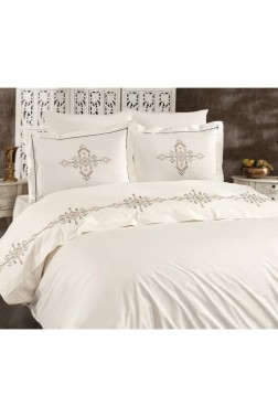 Alya Embroidered Full Size Duvet Cover Set, Duvet Cover 200x220, Sheet 240x260, Cream - Gray - Thumbnail