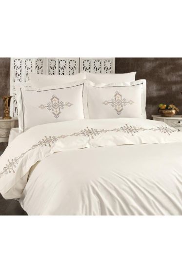 Alya Embroidered Full Size Duvet Cover Set, Duvet Cover 200x220, Sheet 240x260, Cream - Gray