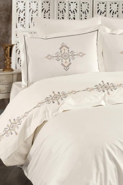 Alya Embroidered Full Size Duvet Cover Set, Duvet Cover 200x220, Sheet 240x260, Cream - Gray - Thumbnail