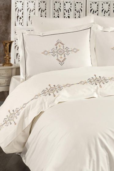 Alya Embroidered Full Size Duvet Cover Set, Duvet Cover 200x220, Sheet 240x260, Cream - Gray