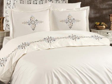 Alya Embroidered Full Size Duvet Cover Set, Duvet Cover 200x220, Sheet 240x260, Cream - Navyblue - Thumbnail