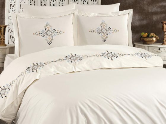 Alya Embroidered Full Size Duvet Cover Set, Duvet Cover 200x220, Sheet 240x260, Cream - Navyblue