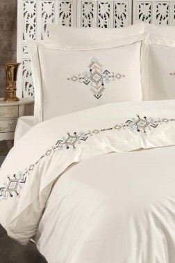 Alya Embroidered Full Size Duvet Cover Set, Duvet Cover 200x220, Sheet 240x260, Cream - Navyblue - Thumbnail