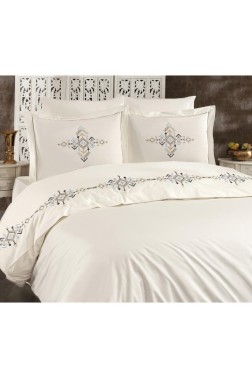 Alya Embroidered Full Size Duvet Cover Set, Duvet Cover 200x220, Sheet 240x260, Cream - Navyblue - Thumbnail