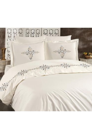 Alya Embroidered Full Size Duvet Cover Set, Duvet Cover 200x220, Sheet 240x260, Cream - Navyblue