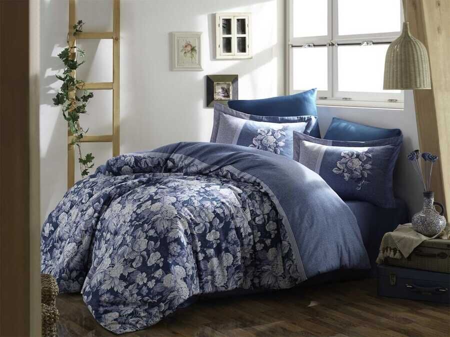 Amalia Cotton Satin Double Duvet Cover Set Claret Oil Blue