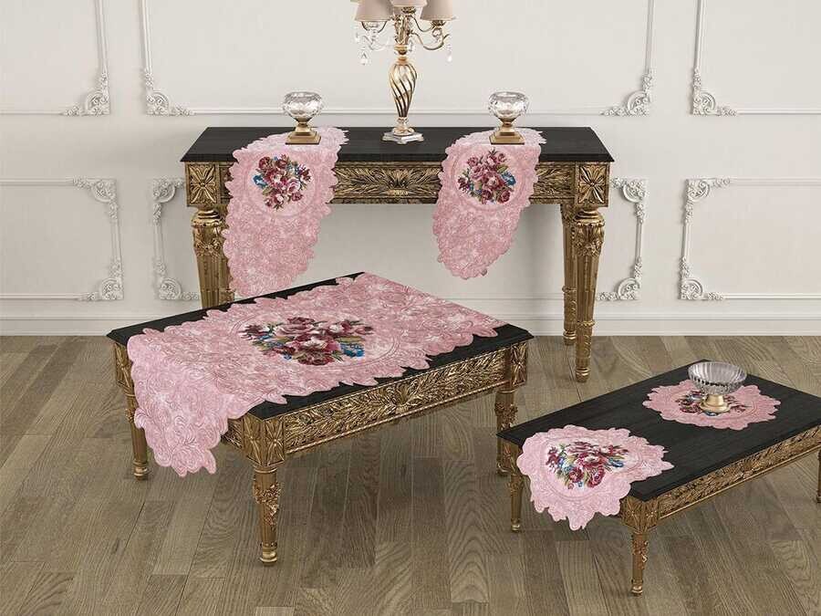 Dowry World - Ambiance Velvet Luxury Embroidered Living Room Set Powder