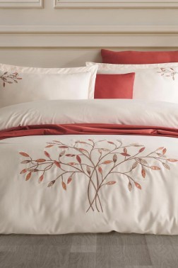 Amor Embroidered 100% Cotton Sateen, Duvet Cover Set, Duvet Cover 200x220, Sheet 240x260, Double Size, Full Size Champagne - Thumbnail