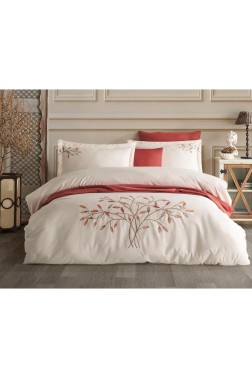 Amor Embroidered 100% Cotton Sateen, Duvet Cover Set, Duvet Cover 200x220, Sheet 240x260, Double Size, Full Size Champagne - Thumbnail