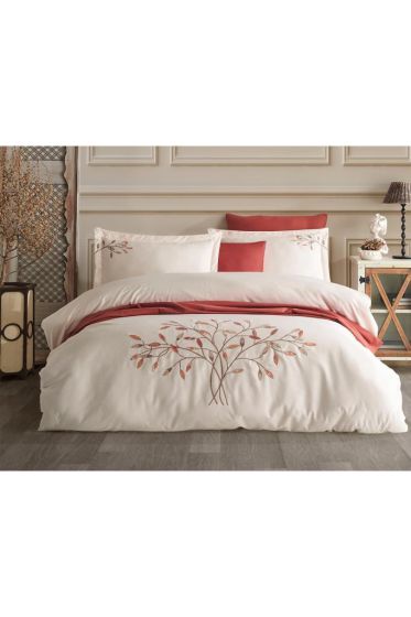 Amor Embroidered 100% Cotton Sateen, Duvet Cover Set, Duvet Cover 200x220, Sheet 240x260, Double Size, Full Size Champagne