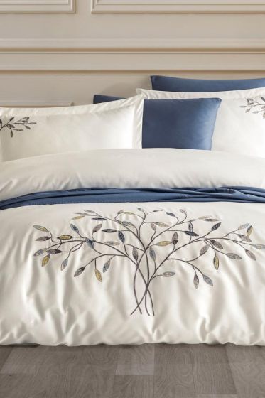 Amor Embroidered 100% Cotton Sateen Duvet Cover Set, Duvet Cover 200x220, Sheet 240x260, Double Size, Full Size Cream