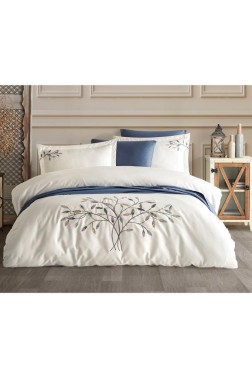 Amor Embroidered 100% Cotton Sateen Duvet Cover Set, Duvet Cover 200x220, Sheet 240x260, Double Size, Full Size Cream - Thumbnail