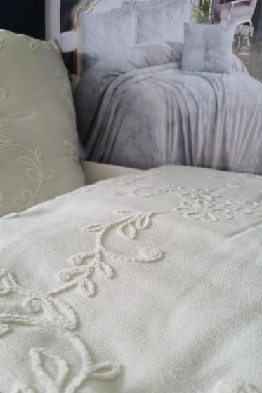 Anatolia Palermo Chenille Bedspread Set 4pcs, Coverlet 260x260 with Pillowcase, Jacquard Fabric, Full Size, Double Size Cream