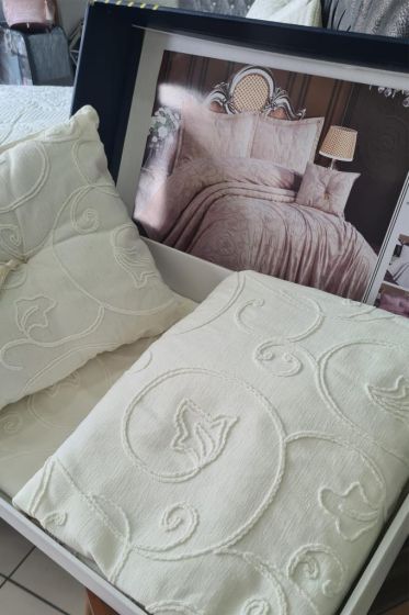 Anatolia Tulip Chenille Bedspread Set 4pcs, Coverlet 260x260 with Pillowcase, Jacquard Fabric, Full Size, Double Size Cream