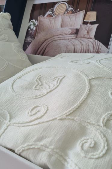 Anatolia Tulip Chenille Bedspread Set 4pcs, Coverlet 260x260 with Pillowcase, Jacquard Fabric, Full Size, Double Size Cream