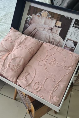 Anatolia Tulip Chenille Bedspread Set 4pcs, Coverlet 260x260 with Pillowcase, Jacquard Fabric, Full Size, Double Size Pink - Thumbnail