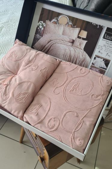 Anatolia Tulip Chenille Bedspread Set 4pcs, Coverlet 260x260 with Pillowcase, Jacquard Fabric, Full Size, Double Size Pink