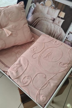 Anatolia Tulip Chenille Bedspread Set 4pcs, Coverlet 260x260 with Pillowcase, Jacquard Fabric, Full Size, Double Size Pink - Thumbnail