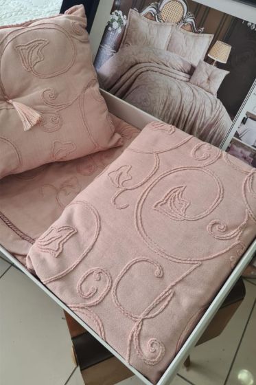 Anatolia Tulip Chenille Bedspread Set 4pcs, Coverlet 260x260 with Pillowcase, Jacquard Fabric, Full Size, Double Size Pink