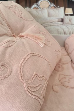 Anatolia Tulip Chenille Bedspread Set 4pcs, Coverlet 260x260 with Pillowcase, Jacquard Fabric, Full Size, Double Size Pink - Thumbnail