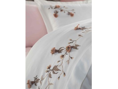  Anetta 3d Embroidered Cotton Satin Double Duvet Cover Set Cream Powder - Thumbnail