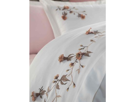  Anetta 3d Embroidered Cotton Satin Double Duvet Cover Set Cream Powder