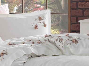  Anetta 3d Embroidered Cotton Satin Double Duvet Cover Set Cream Powder - Thumbnail